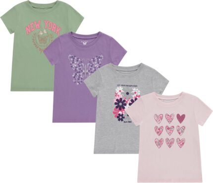 BTween Girls 4 Piece Tops Fashionable Short Sleeve T-Shirt Casual Daily Shirt for Kids Assorted Colors