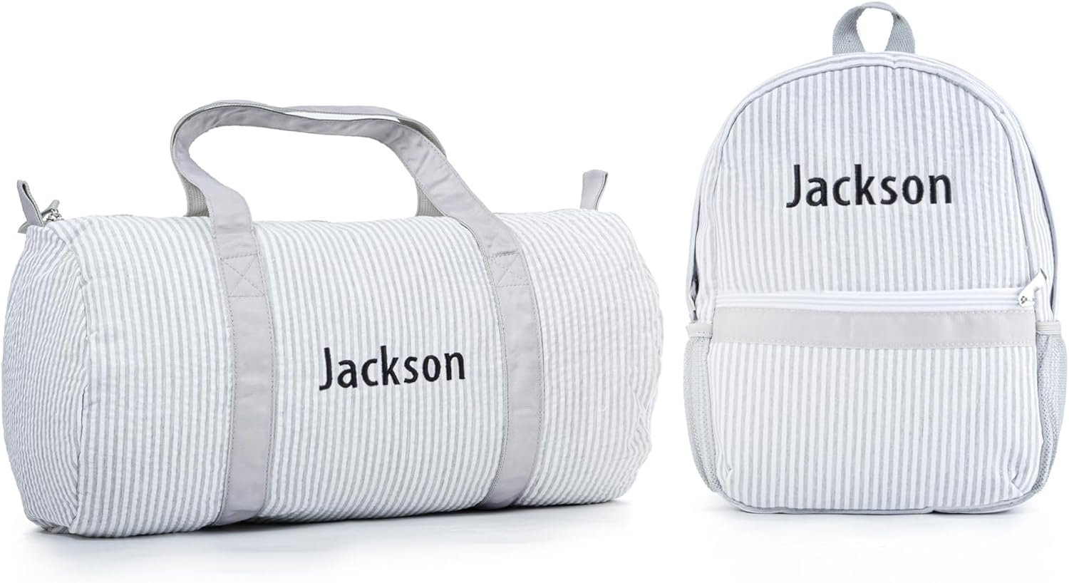MT WORLD Daycare Backpacks and Travel Duffel Bags Set,Personalized Seersucker Backpacks Overnight Duffle with Embroidered Name,Seersucker Daypacks with Weekender Dance Bag