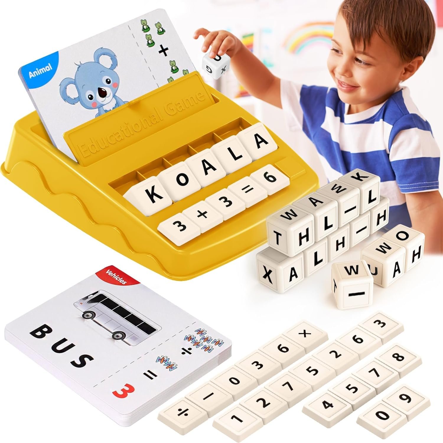 Educational Toys for Kids Ages 3-8, Matching Letter Spelling Game ABC Math Learning, Xmas Birthday Party Gifts for 3 4 5 6 7 8 Year Olds Boys and Girls Yellow