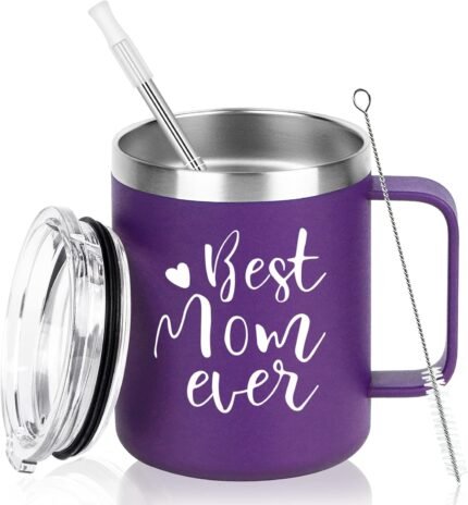 GINGPROUS Best Mom Ever Insulated Travel Mug, Mother's Day & for Mom, Stainless Steel Insulated Coffee Mug with Lid and Straw (12 Oz, Purple)