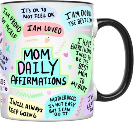 YouNique Designs Daily Affirmations Mom Mug for Women, 11 Ounces, Self Care Mom Coffee Mug, Postpartum Mom Cup, New Mom After Birth Coffee Mug, Mental Health Cup, Relaxation Mug (Black Handle)