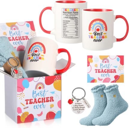 Blosssound Best Teacher Appreciation Gifts Set Include Coffee Mug Greeting Card Socks Keychain Thank You Gifts Basket for Women Teacher Birthday Back to School Christmas Presents
