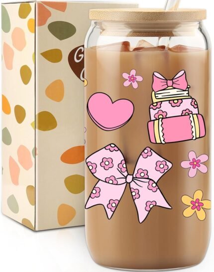 Gifts for Her, Books Bows Lover Gifts, Pink Heart Cup, Coquette Bow Lover Glass Tumbler, Bookish Gift Set, Floral Mug, 16oz Cute Iced Coffee Cup with Bamboo Lid and Straw for Girls Readers, Bookworm