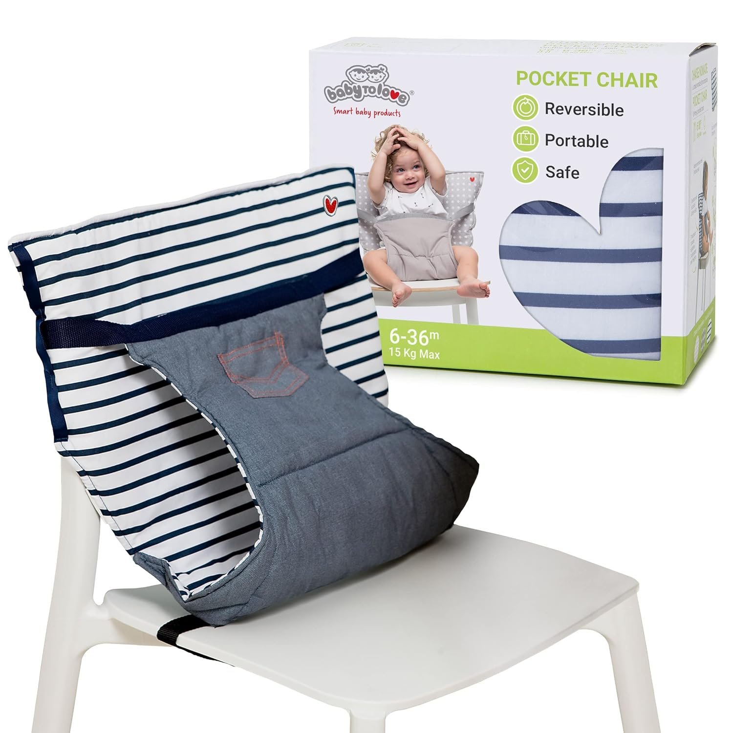 BabyToLove Pocket Seat | Compact Portable High Chair for Travel, Dining & More | Secure & Washable Toddler Seat with Harness | Fits Most Chairs | Lightweight Foldable | Denim