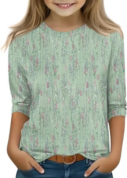 Girls Sequin/Gradient Print Casual Everyday Tops 3/4 Long Sleeves Crew Neck T-Shirts Trendy Comfort Tees Clothes