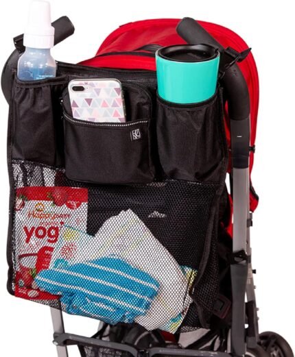 J.L. Childress Cups 'N Cargo Universal Stroller Organizer with Cup Holders and Mesh Storage Compartment - Deep Cup Holders - Multiple Zippered Pockets - Fits Uppababy, Stroller Wagons & more - Black
