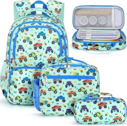 Fimibuke Kids Backpack for School Boys, 3PCS Waterproof Toddler School Bag Bookbag Set with Lunch Box & Pencil Case for Preschool Kindergarten Elementary Back to School Student Ages 3-12 Monster Truck