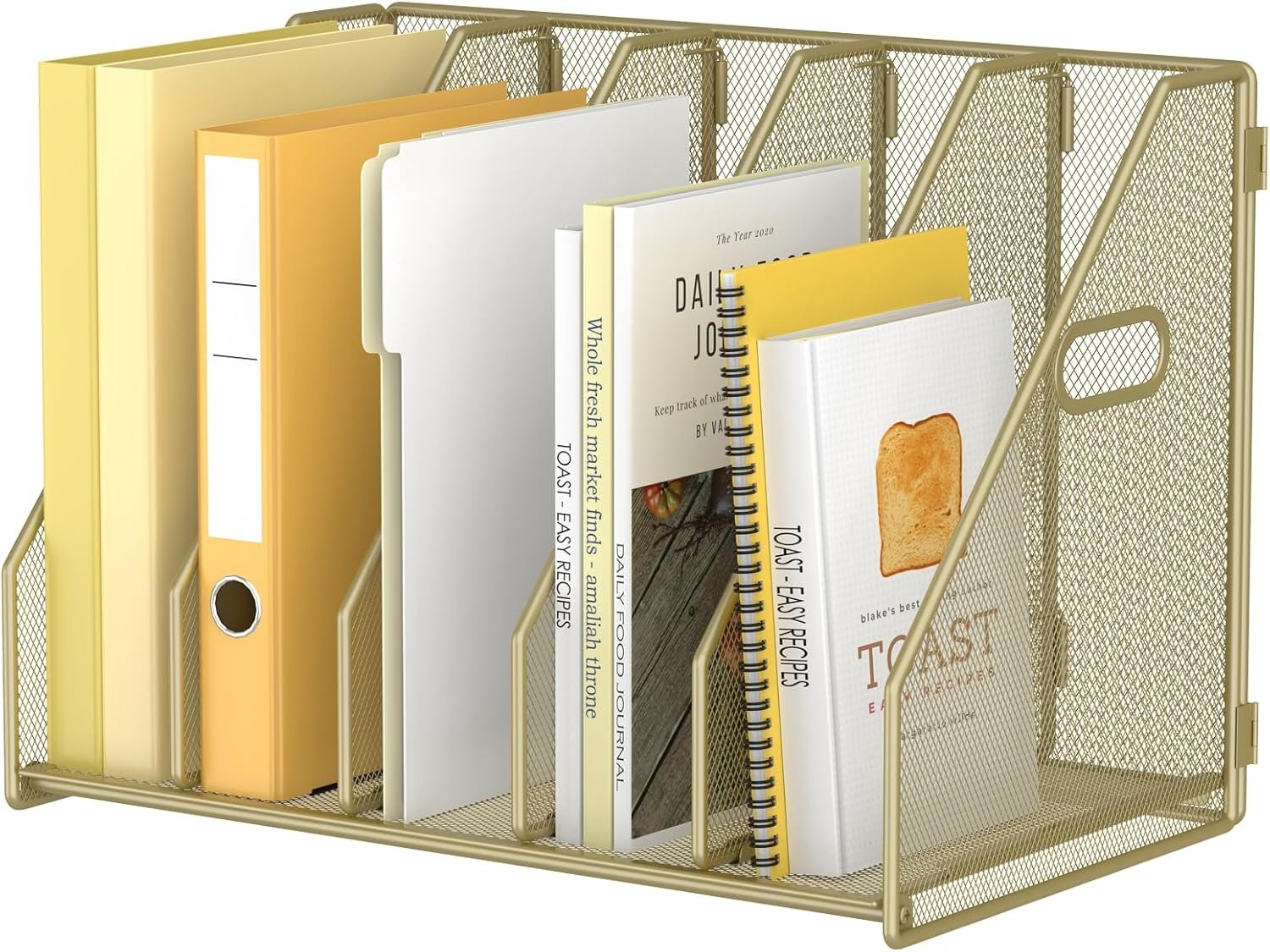 Desk File Organizer Metal Desk Magazine Folder Holder with 5 Vertical Compartments Rack File Organizer for Office, Home, School (Gold)