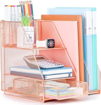 Rose Gold Desk Accessories, Office Supplies Desk Organizer Caddy with Sliding Drawer, Double Tray, File Organizer and pen holder for Home, Office School