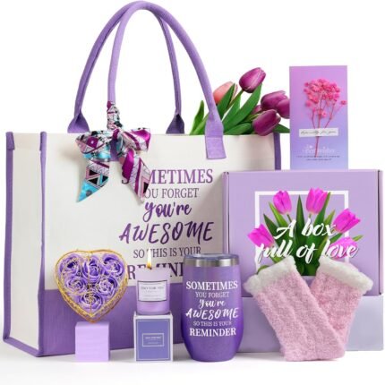 Gifts Baskets for Women, Birthday Baskets Mom, Sister, Her, Employee, Wife, Thanksgiving Day, Christmas Gifts for Women, Care Package, Gift Sets with Canvas Tote Bag Sock Tumbler Soap Flower