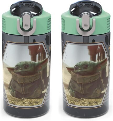 Zak Designs Baby Yoda Kids Durable Plastic Spout Cover And Built-in Carrying Loop, Leak-Proof Water Design For Travel, (16oz, 2pc Set), Grogu Bottle 2pk Star Wars