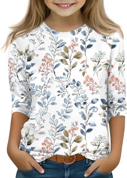 Girls Sequin/Gradient Print Casual Everyday Tops 3/4 Long Sleeves Crew Neck T-Shirts Trendy Comfort Tees Clothes